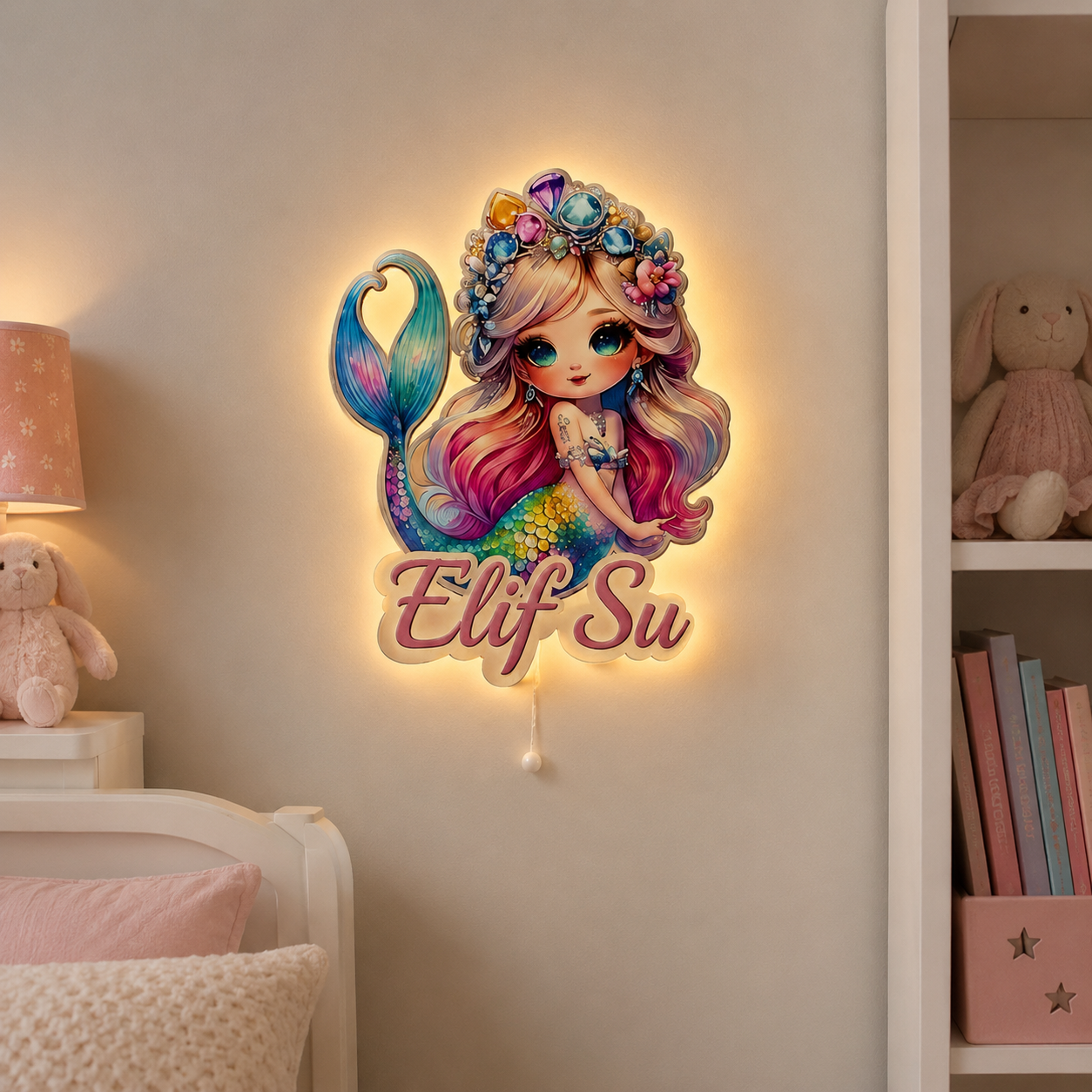 Kişiye Özel İsimli Denizkızı  LED Ahşap Gece Lambası