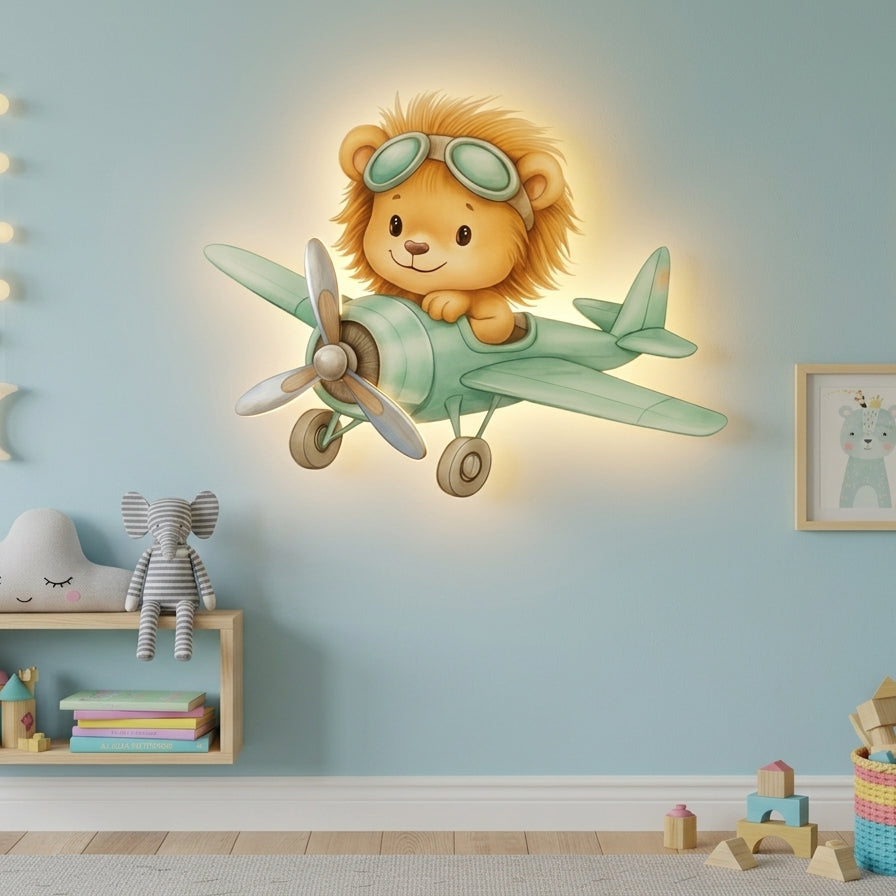 Uçan Aslan Led Işıklı Bebek Odası Ahşap Duvar Dekoru - Gece Lambası