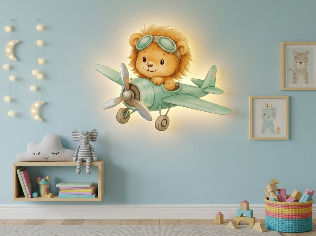 Uçan Aslan Led Işıklı Bebek Odası Ahşap Duvar Dekoru - Gece Lambası