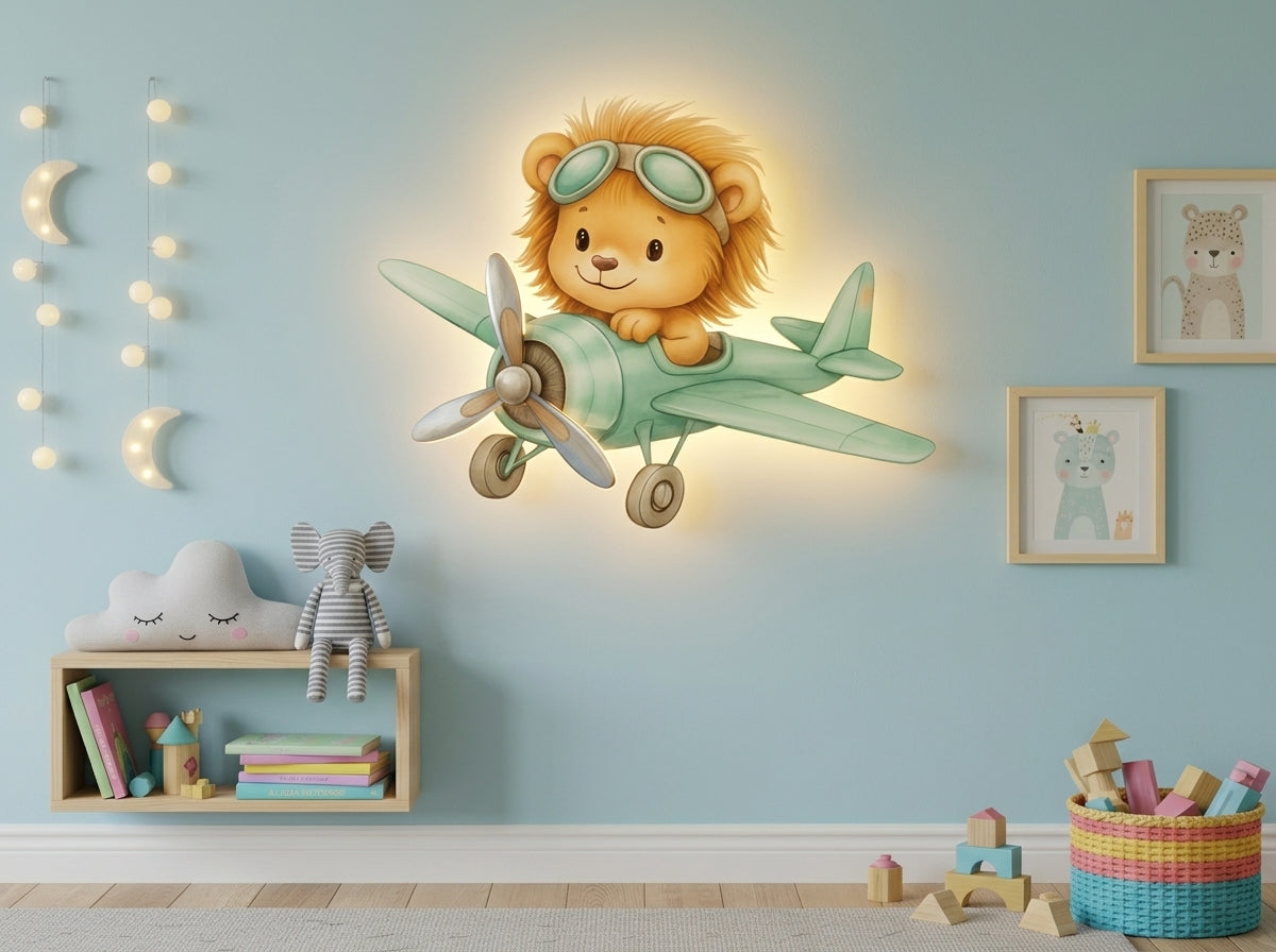 Uçan Aslan Led Işıklı Bebek Odası Ahşap Duvar Dekoru - Gece Lambası