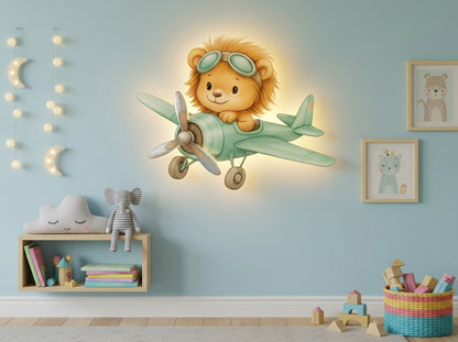 Uçan Aslan Led Işıklı Bebek Odası Ahşap Duvar Dekoru - Gece Lambası