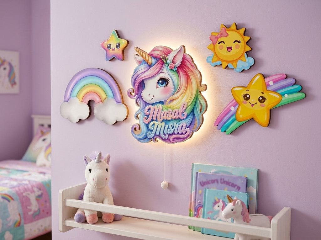Kişiye Özel İsimli Unicorn 5 Parça Set - Led Işıklı Bebek Odası Ahşap Duvar Dekoru-İsim için Whatsapptan mesaj Atınız- - Gece Lambası