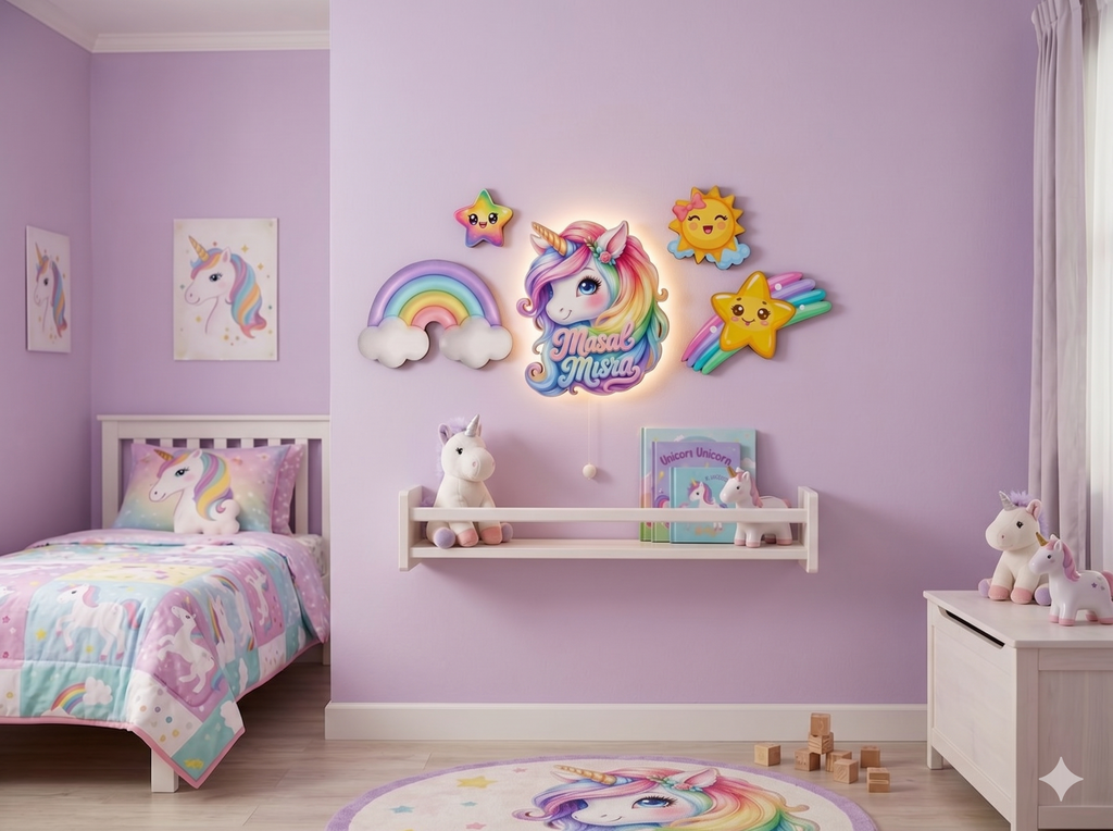 Kişiye Özel İsimli Unicorn 5 Parça Set - Led Işıklı Bebek Odası Ahşap Duvar Dekoru-İsim için Whatsapptan mesaj Atınız- - Gece Lambası