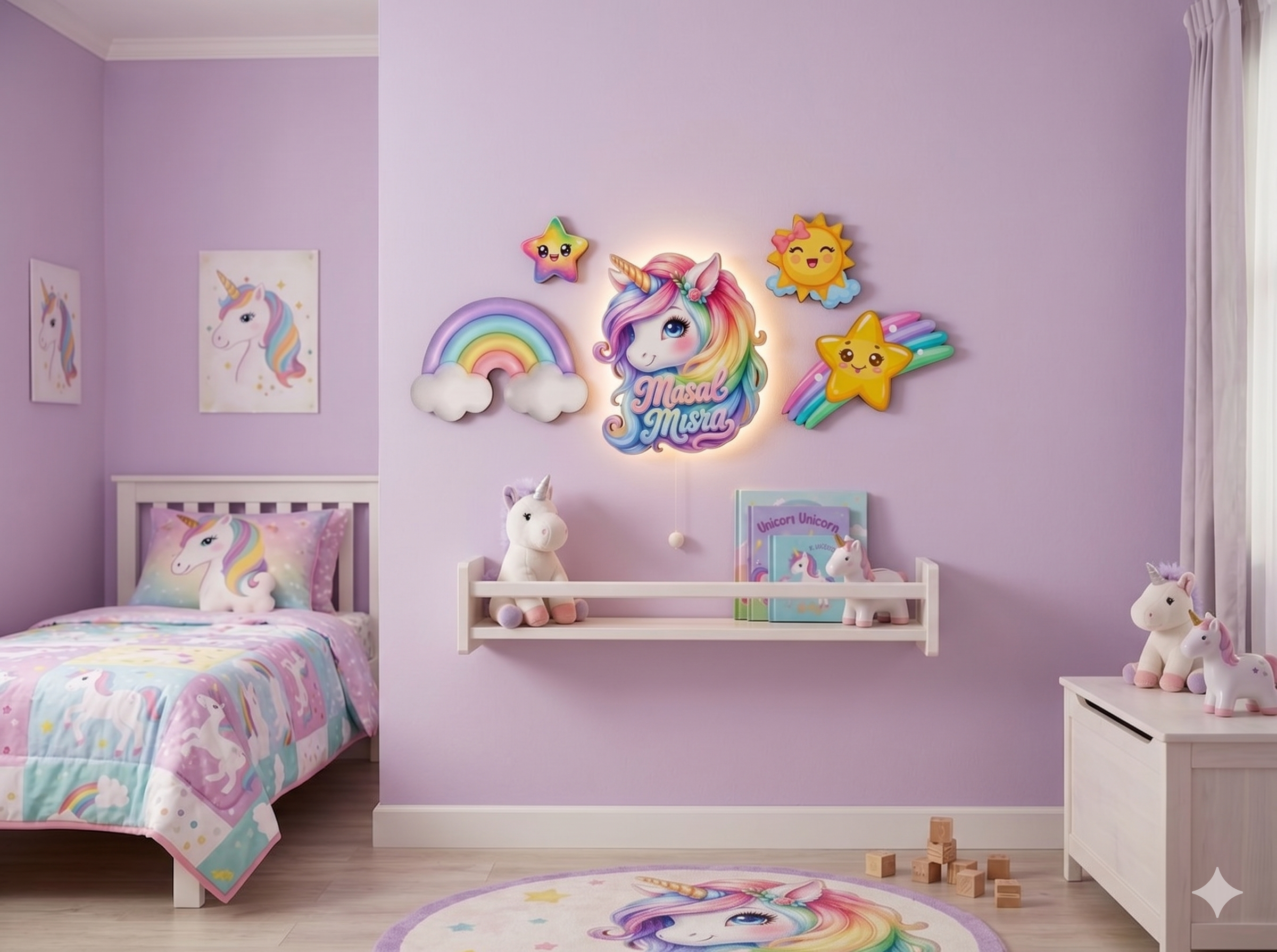 Kişiye Özel İsimli Unicorn 5 Parça Set - Led Işıklı Bebek Odası Ahşap Duvar Dekoru-İsim için Whatsapptan mesaj Atınız- - Gece Lambası