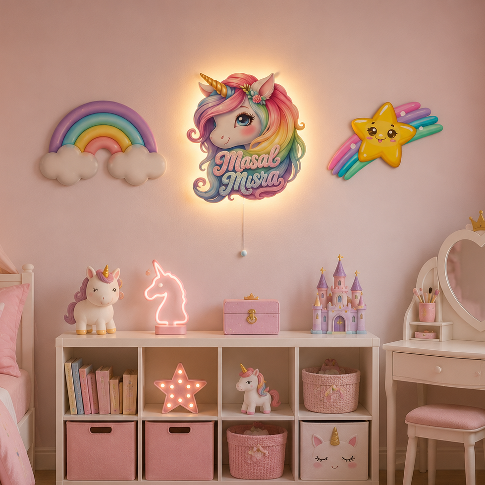 Kişiye Özel İsimli Unicorn 3 parça Set, Led Işıklı Bebek Odası Ahşap Duvar Dekoru-İsim için Whatsapptan mesaj Atınız- - Gece Lambası