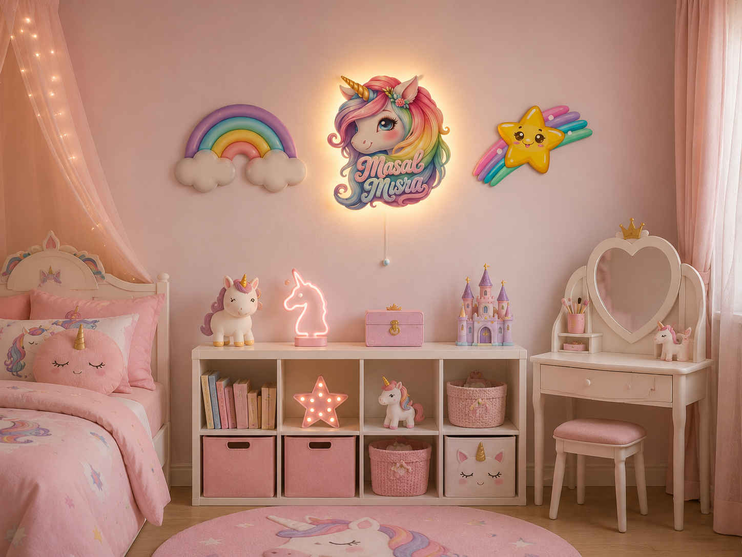 Kişiye Özel İsimli Unicorn 3 parça Set, Led Işıklı Bebek Odası Ahşap Duvar Dekoru-İsim için Whatsapptan mesaj Atınız- - Gece Lambası
