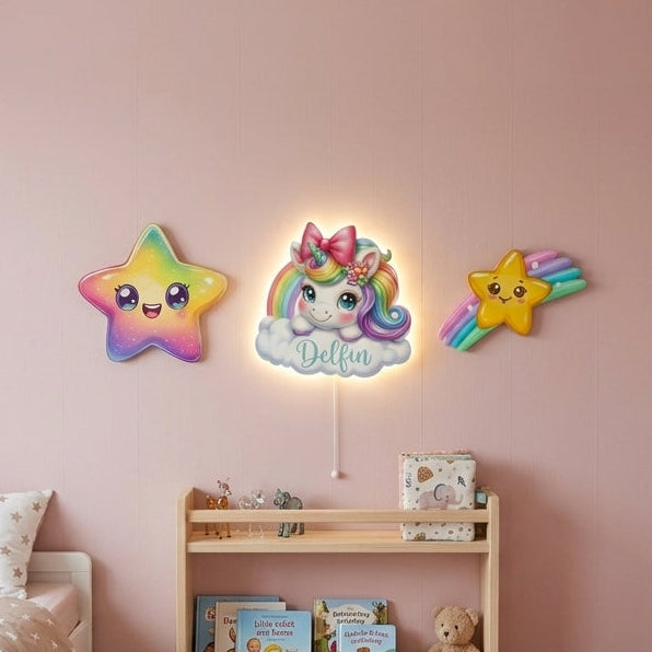 Kişiye Özel İsimli Unicorn 3 parça Set, Led Işıklı Bebek Odası Ahşap Duvar Dekoru-İsim için Whatsapptan mesaj Atınız- - Gece Lambası