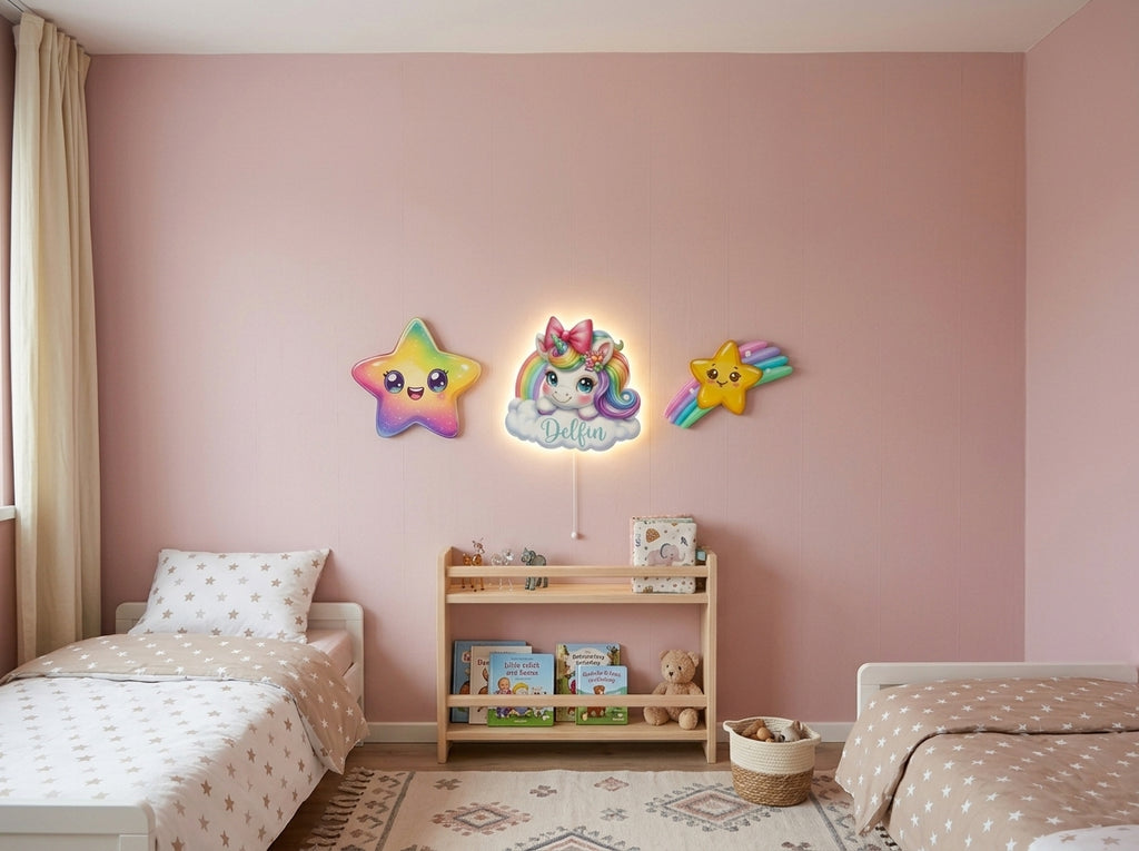 Kişiye Özel İsimli Unicorn 3 parça Set, Led Işıklı Bebek Odası Ahşap Duvar Dekoru-İsim için Whatsapptan mesaj Atınız- - Gece Lambası