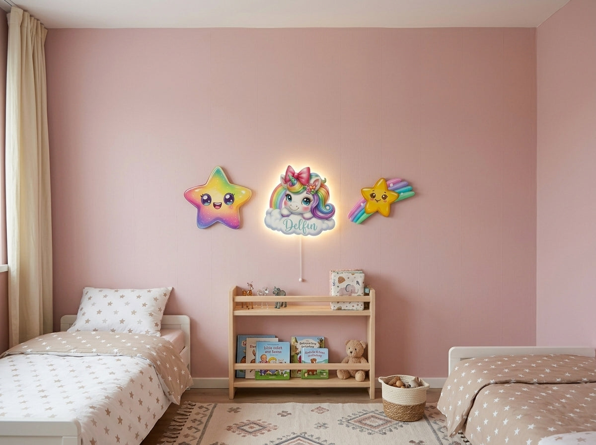 Kişiye Özel İsimli Unicorn 3 parça Set, Led Işıklı Bebek Odası Ahşap Duvar Dekoru-İsim için Whatsapptan mesaj Atınız- - Gece Lambası
